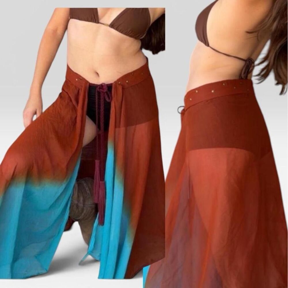 Upcycled Women's Blue and Brown Skirt